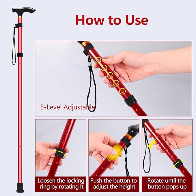 Walking Cane, Folding Cane for Man & Women, Portable Lightweight | 5-Level Adjustable Height, Collapsible Cane for Seniors Balancing Mobility Aid