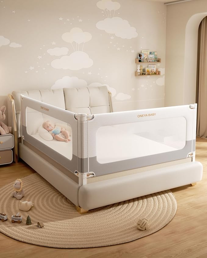 2 Piece Bed Rails for King Size Bed, No-Drill Baby Safety Guard 74.8”x78.7” | Thickened Baby Bed Rail Guard for Toddlers Kids, No-drill Setup, Gap-free Fall Protection, 24 Height Settings, White/Grey