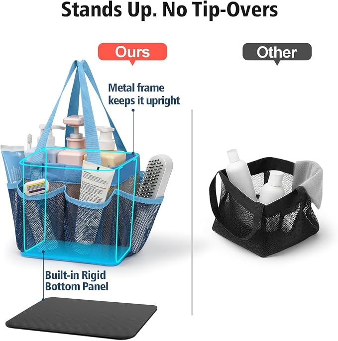 F-color Mesh Shower Caddy Portable - Stand Up 8 Pockets for Dorm, Blue | Stand Up Frame, S Hook, Collapsible Organizer, Mesh Shower Bag Bathroom Tote for College Dorm, Camping, Gym, Travel