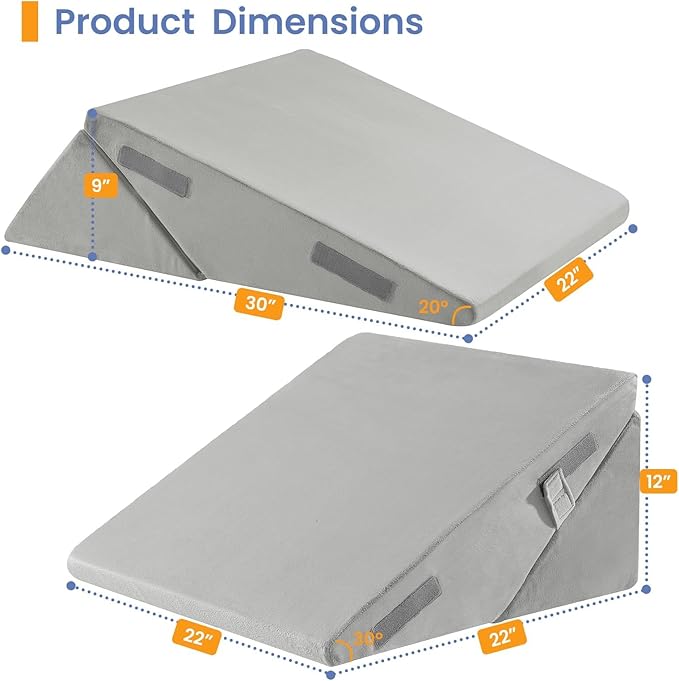 Sasttie Wedge Pillow for After Surgery, Adjustable Bed Wedge Pillow Headboard for Acid Reflux, Sleeping, Neck & Back Support, with Removable Cover, Light Grey & Velvet