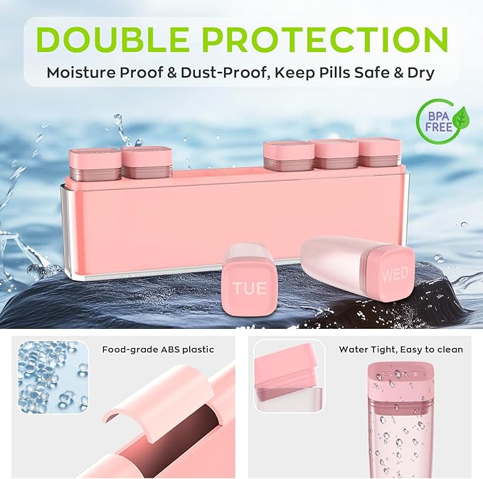 Weekly Pill Organizer 1 Time a Day, HIONXMGA Detachable Travel Pill Box 7 Day, Large Medicine Pill Case Container for Daily Medication Vitamin Supplement Fish Oil, Portable Week Pills Holder, Pink