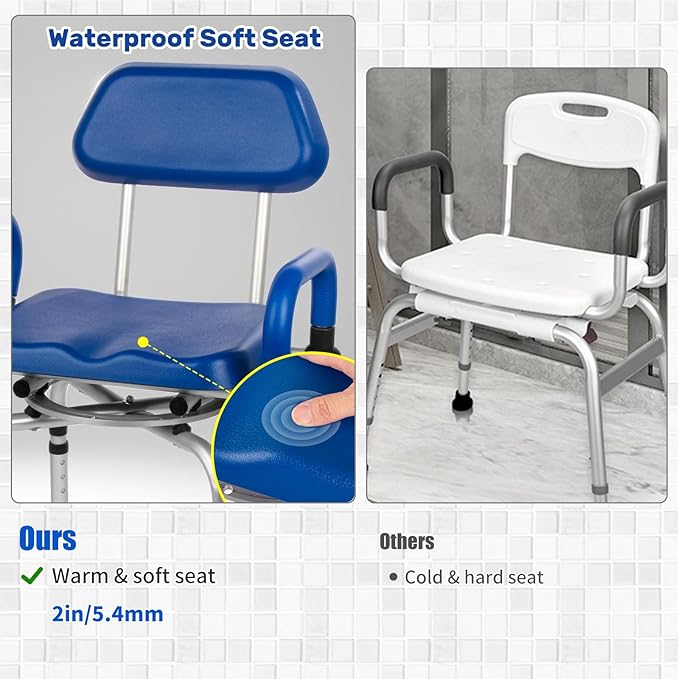 360° PU Padded Swivel Shower Chair-Bath Tub Transfer Bench, 20-25in Adjustable Height, Drop Arms & Anti-Rust Aluminum Shower Chair for Elderly and Disabled, Safety Bench for Bathtubs & Showers