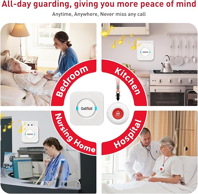 CallToU Caregiver Pager Wireless Alert Button Home Intercom System Long Range Red 2 Way Radio for Elderly/Patient/Pregnant/Home/Office