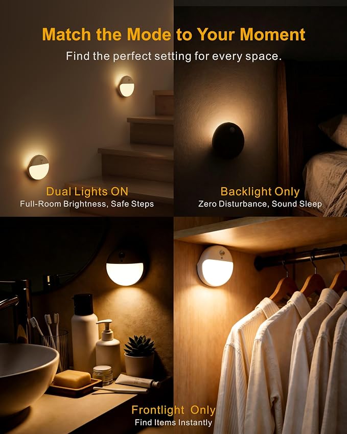 Toilet Light Motion Sensor, Battery Operated Night Light Indoor | 2 Pack, 3 Modes, Dimmable 1-15lm, Low Light No Plug, Small Wireless Stick on Light for Bathroom, Stairs, Cabinet, Warm Yellow