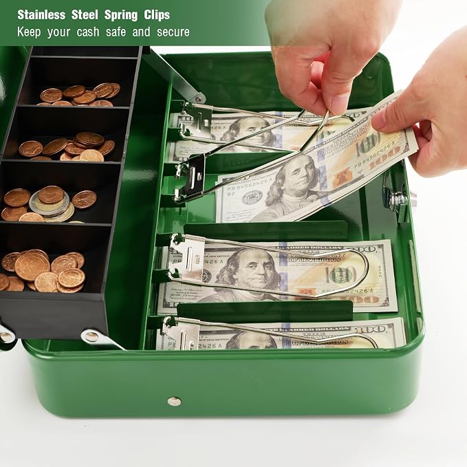 Cash Box with Lock Key and Money Tray - Large Money Box for Cash Register, Metal Lock Box for Money Safe 11.8" x 9.4" x 3.54" Green