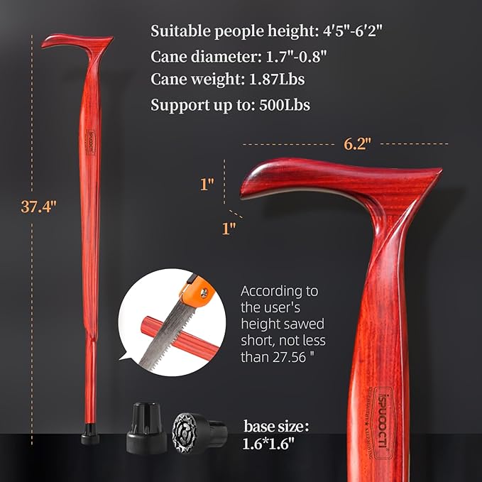 Wooden Walking Cane for Men and Women -Natural Solid Wood, 3 Rubber Tips, Heavy Duty, with Travel Bag- Wooden Walking Stick, Ergonomic Canes for Seniors Unisex Walking Canes