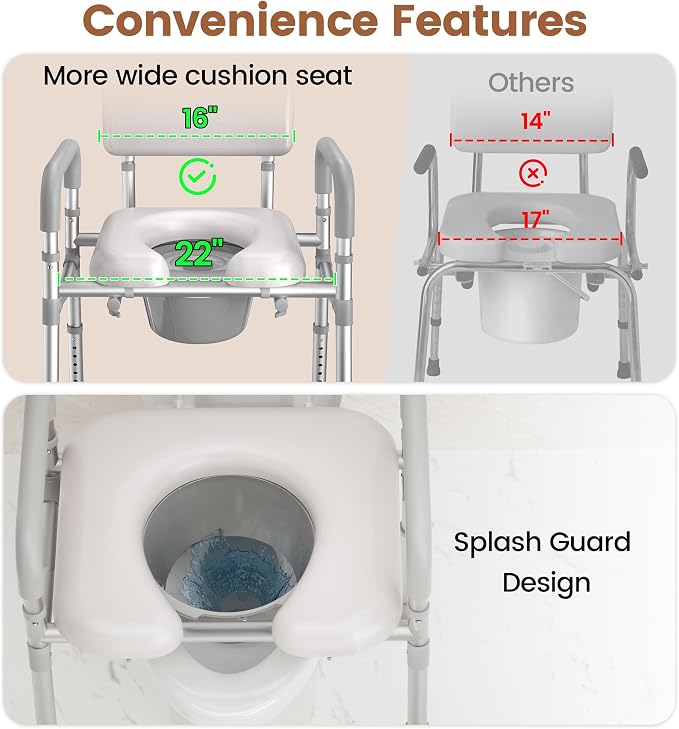 soundfuse Bedside Commode Toilet, Padded Seat and Backrest, Aluminum Frame | Height Adjustable, Dual-Crossbar, Portable Toilet for Seniors and Adults, Removable Potty Bucket, Tool-Free Assembly, 350 lbs