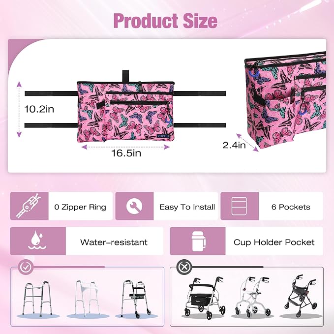 ZHCHG Walker Bag with Cup Holder, Walker Accessories for Seniors Detachable | Foldable Walker Basket with Large Capacity, Best Gift (Not Fit Rollator Walkers)- Lightpink