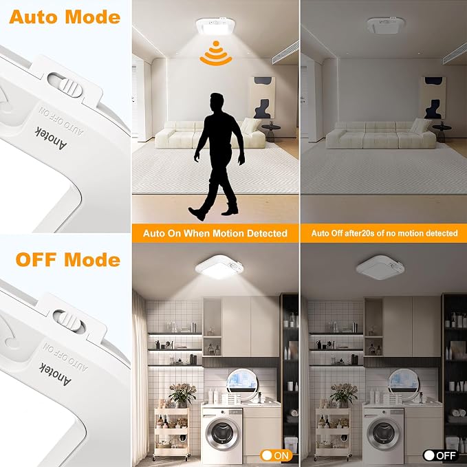 Motion Sensor Battery Powered Ceiling Light, Closet Light 2-Pack | Battery Operated, Motion Activated, Indoor Use for Closet Stair Pantry Hallway Shed Laundry, Daylight Auto On/Off
