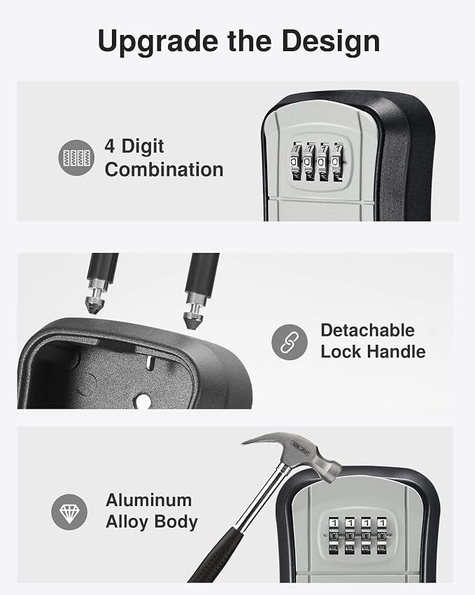 Puroma Key Lock Box Outdoor 4 Digit Code Combination Lockbox House, 2 Gray | For Contractors Guest Realtor Storage Keys, Portable, Home Wall Mount, Resettable, Combination, Weatherproof, High-capacity