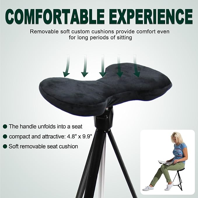 Adjustable Cane with Seat Folding Lightweight, Portable Cane Chair for Adults & Seniors, Walking Stick with Seat for Travel Hiking, with Cushion Carry Bag