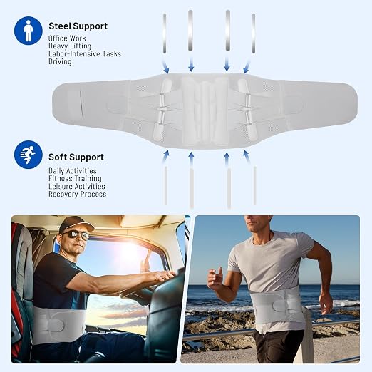 Comfortable Breathable Adjustable Back Brace-Size L(Belly 37.4-45.3 in),Featuring Adjustable Pressure Strap,4 Steel Stays,and Spring;Perfect for Office,Gym,and Driving.