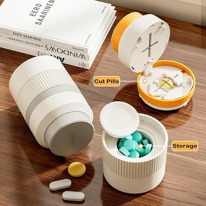 3-in-1 Pill Cutter, 1/2 1/4 Pill Crushers & Splitters with Stainless Steel Hidden Sharp Blade and Storage for Small or Large Pills, Pills Crusher Fine Powder for Tablets (Gray)