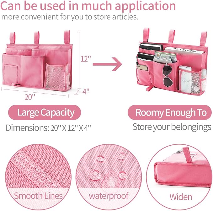 Bseash Bunk Bed Organizer, Bedside Caddy Hanging Bed Organizer Storage Bag 8 Pockets, for College Dorm Rooms Bed, Hospital Bed, Baby Bed Rails, 600D Oxford Cloth (Pink)