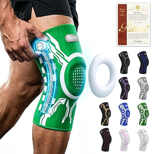 Kuangmi Knob Knee Brace for Pain Relief, Knee Support with Patella Gel Pad & Side Stabilizers, Compression Knee Sleeve for Workout, Arthritis, Joint Pain, Meniscus Tear (Green White,Right,X-Large,Single)