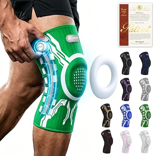 Kuangmi Knob Knee Brace for Pain Relief, Knee Support with Patella Gel Pad & Side Stabilizers, Compression Knee Sleeve for Workout, Arthritis, Joint Pain, Meniscus Tear (Green White,Right,Large,Single)
