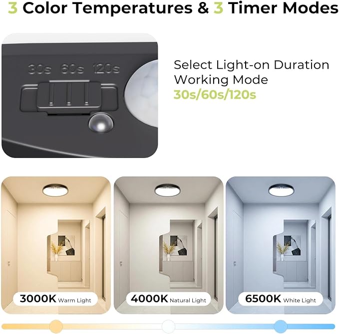 hepside Motion Sensor Ceiling Light Wired, 3000K/4000K/6500K LED Flush Mount Ceiling Light Fixture, 7Inch 15W Motion Sensor Light with Timer for Closet Stair Porch Hallway Pantry,Black