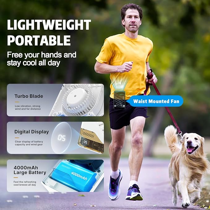 Portable Waist Fan, Powerful Rechargeable Handheld Cooling Shirt Fan with LED Display, USB C Personal Clip On Wearable Neck Straps Fans with Lanyard for Outdoor Working Sports Camping Travel