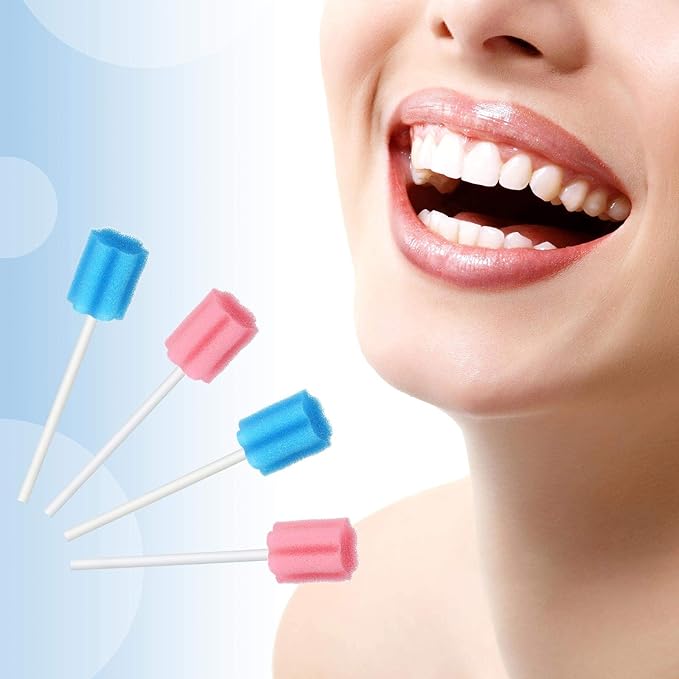Outus 300 Pcs Toothettes Oral Swabs Disposable Mouth Swabs Sponge Bulk Dental Swabsticks Unflavored for Elderly Adults Mouth Cleaning Oral Cavity Care Health, Pink and Blue (Not Individual Packing)