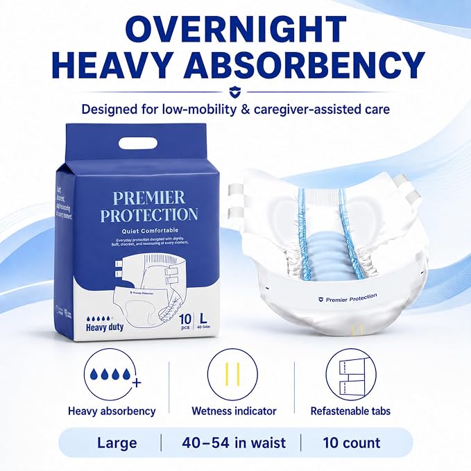 Adult Incontinence Briefs Tab Style, Heavy Absorbency with Wetness Indicator, Refastenable Tabs, Breathable & Soft, Men and Women, Medium & Large, 10 Count