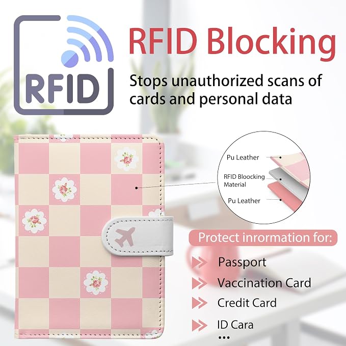 Passport Holder, Cute Travel Wallet Cover with RFID Blocking,Sweet | PU leather travel wallet with magnetic closure, card slots, pen loop, and easy access for passports and essentials.