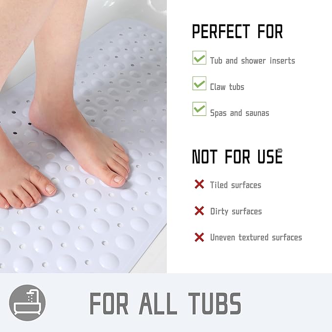 Yimobra Non Slip Bathtub Mat 40 x 16 Inch, Extra Long Shower Mat with Drain Holes, Machine Washable Baby Bath Mats, Strong Suction Cups for Bathroom Floor, Snow, One-Piece