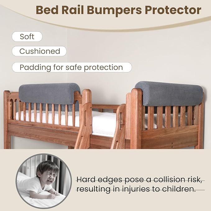 Toddlers' Bed Rail Bumpers Protector, Children's Bed Guardrail Padding, Soft Cushioned Barrier, Increased Height, Easy to Install, Washable Cover, Fits Floor, Bunk & Loft, 3 Ft, Gray