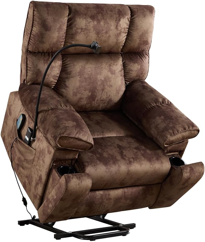 Power Lift Recliner for Elderly with Heat & Massage, Wide Electric Reclining Chair with Cup Holder, Phone Holder & Side Pockets, Brown