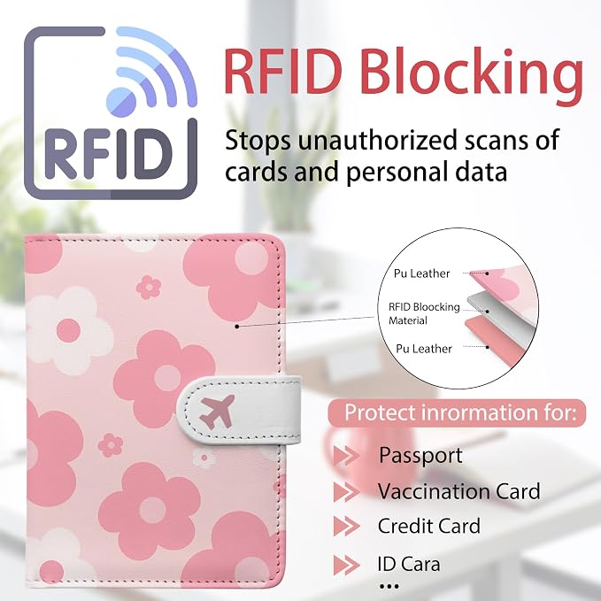 Passport Holder, Cute Travel Wallet Cover with RFID Blocking, | PU leather travel wallet with magnetic closure, card slots, pen loop, and easy access for passports and essentials.