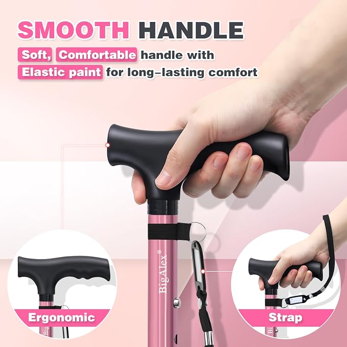 BigAlex Folding Walking Cane for Elderly Adjustable & Portable Walking Stick for Seniors,Pivoting Quad Base,Lightweight,Collapsible with Carrying Bag for Men/Woman