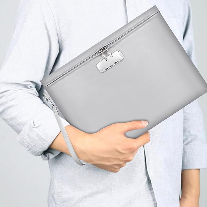 Fireproof Document Bag with Lock, ZOOPIP 14.3"x10.2" Fireproof and Waterproof Money Bag with Zipper Closure, Storage Pouch for A4 Letter Size Document, Cash, Cell Phone, Tablet,Passport-Gray