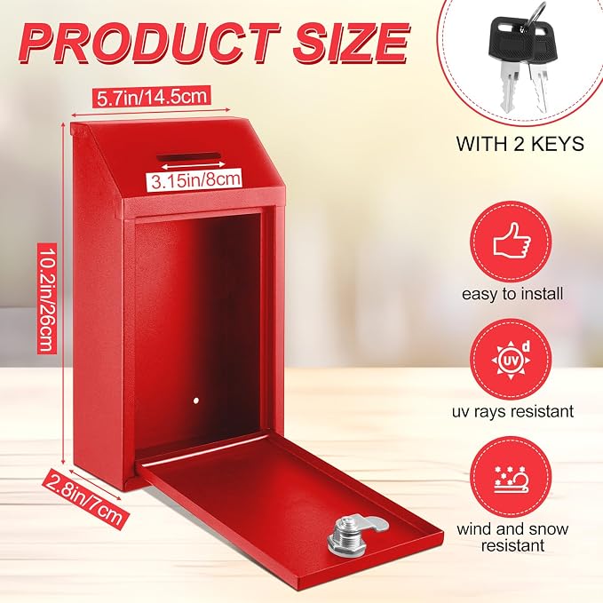 Yaocom Metal Money Box,Red,10.24 x 5.71 x 2.95 Inch,No Lid | Wall Mounted Drop Donation Cash Box for Farm Stand Collection Safe Suggestion Box with Lock Container for Home Office Outdoor