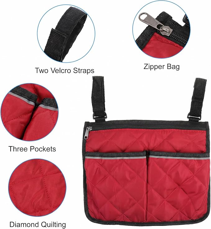 Walker Bag for Folding Walker Walker Basket with Reflective Safety Strips Foldable Wheelchair Storage Bag with 2 Adjustable Straps for Night Visibility Seniors Elderly (Claret)