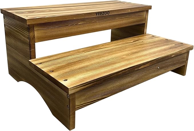 Long Wooden Step Stool, 2 Steps Wood Stool with Non-Slip Pads for Kitchen high Bed for Kids, Adults and Elderly (26.8" L*20.1" W*11.8" H)