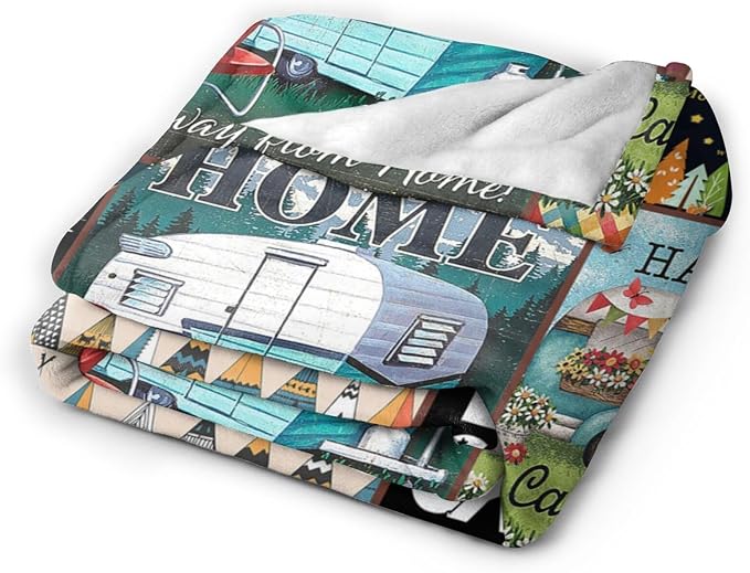 Camping Blanket Soft Warm Plush Throw Blanket Happy Camper RV Gifts for Camper Lover Cozy Lightweight Flannel Fleece Stuff Decor Blanket for Girls Boys Kids Adults Women Bed Travel 60"x80"