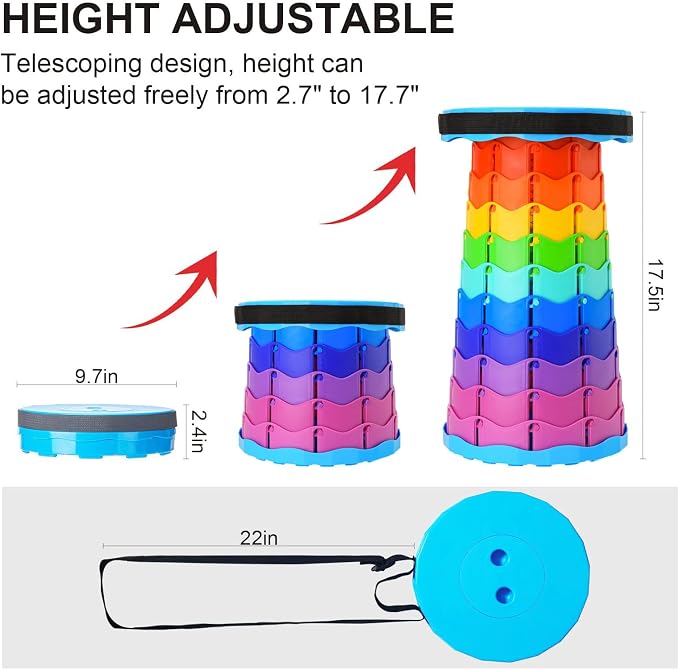 Doseno Collapsible Stool, Portable Stool, Collapsible Seat, Rainbow Color | Portable collapsible stool, 2.4 to 17.5 in retractable height. Foldable stool for fishing, hiking, BBQ and outdoor use.