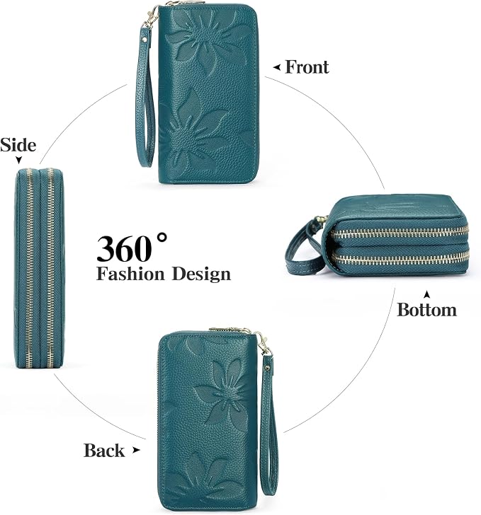 GOIACII Women's Wallet Large Capacity Double Zip Ladies Card Phone Holder RFID Blocking Wristlet Leather