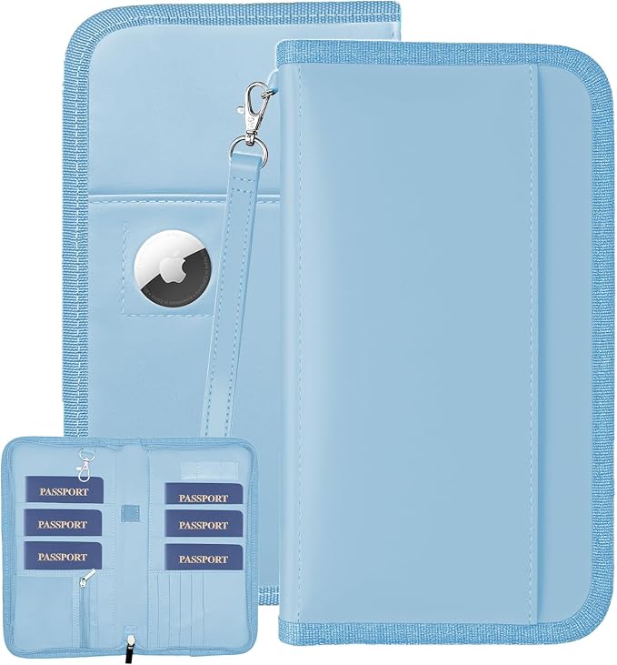 GOAUS Passport Holder for Travel with AirTag Slot, for Family of 4 to 6 | Multiple, Travel Document Organizer, Cards Cash Pockets, RFID Blocking, Waterproof, Gifts, Faux Leather, AirTag Not Included