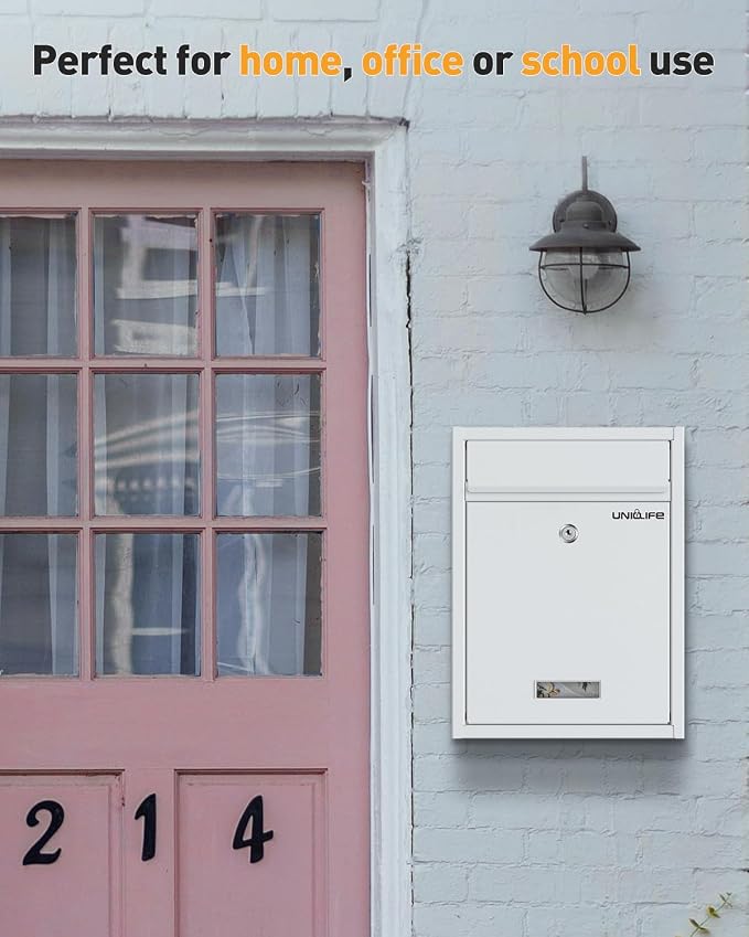 Uniclife Wall Mount Mailbox for Outside, Locking Mail Box, White | Large Mailbox with Key Lock, Security Mail Box for House, Safe Key Drop Box, Steel Cash Drop Box for Home Office School