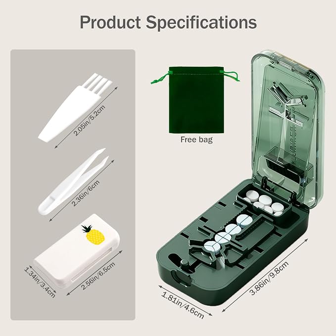 3-in-1 Adjustable Pill Cutter for Small & Large Pills, Professional Pill Splitter Cuts Tablets into 1/2, 1/3 & 1/4, Cuts Multiple Tablets,Hidden Blade，with Storage Box and Tweezers (Green)