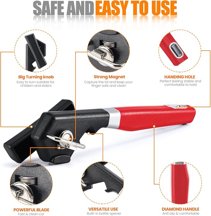 2 in 1 Safety Can Opener Manual Smooth Edge & Bottle Opener, No-Trouble-Lid-Lift Manual Can Opener with Magnet, Large Rubber Handle & Stainless Steel Blade, Side Cut Hand Can Opener for Kitchen (Red)