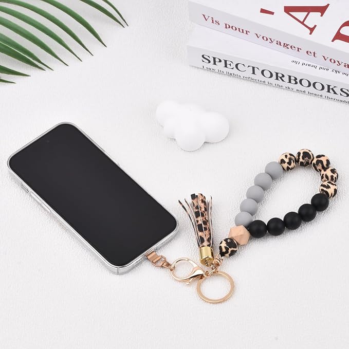 BAOSIWA Silicone Key Ring Bracelet Wristlet Keychain Unique Beaded Bangle Key Chains for Women with Leather Tassel