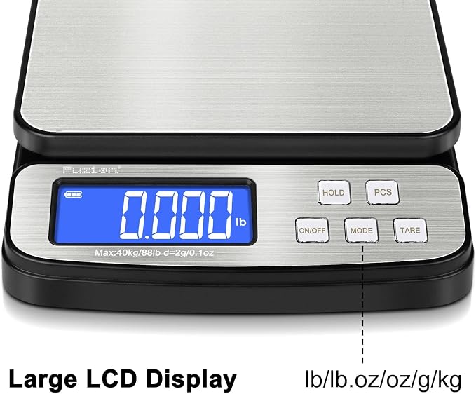 Fuzion Digital Shipping Postal Scale 88lb x 0.1oz, Stainless Steel Platform | All-in-1 Shipping Scale, Large Display, Hold/Tare/PCS Counting, Easy Calibration, 5 Units, Scale for Packages, Small Business
