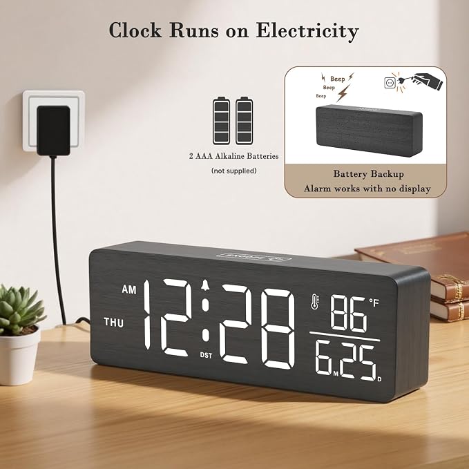 DreamSky Wooden Digital Alarm Clock with Date & Day of Week for Bedroom | Large Display Desk Clock for Living Room, Temperature, Dimmer, Adjustable Volume, Auto DST, Office Wood Décor (Plug-in)
