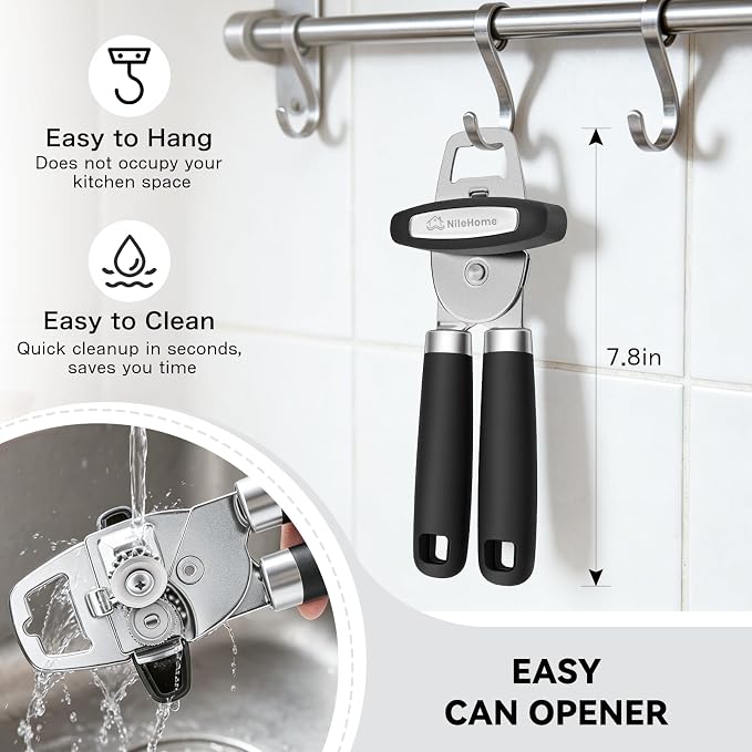 NileHome Smooth Edge Manual Can Opener, Sharp Steel Wheel Senior Friendly | Easy Turn Knob, Soft Grip Cushioned Handles, Heavy Duty, Commercial & Household Use, Manual Design