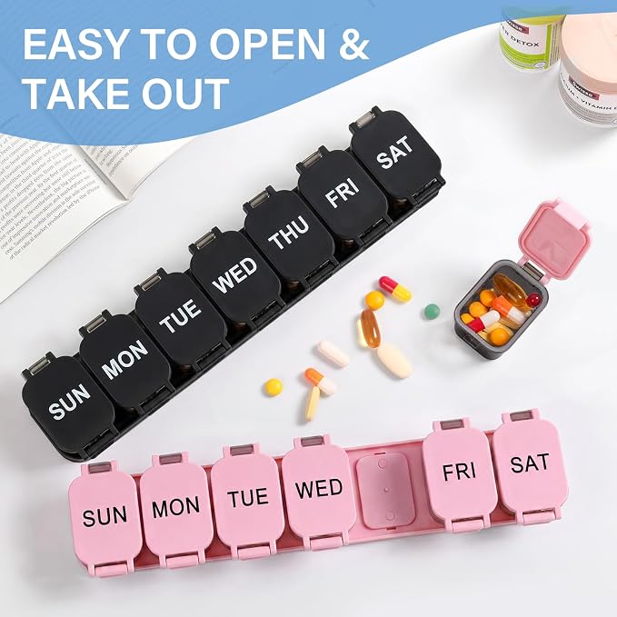Yaklim Extra Large Weekly Pill Organizer - Waterproof 7-Day Pill Box, Portable Vitamin & Supplement Case, Easy to Open Design, Ideal for Travel and Daily Medication Management (Blackpink, 2 Packs)