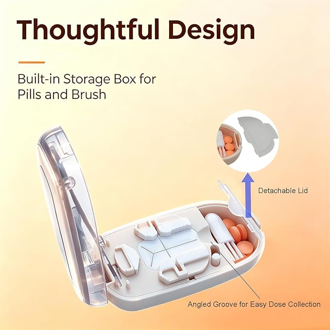 Pill Cutter for Small Tiny and Large Pills, Dual Blade Pill Splitter for Clean and Precise Cuts into 1/2, 1/3, 1/4, with Centering Device, Storage Organizer, Portable & Easy-Grip Design