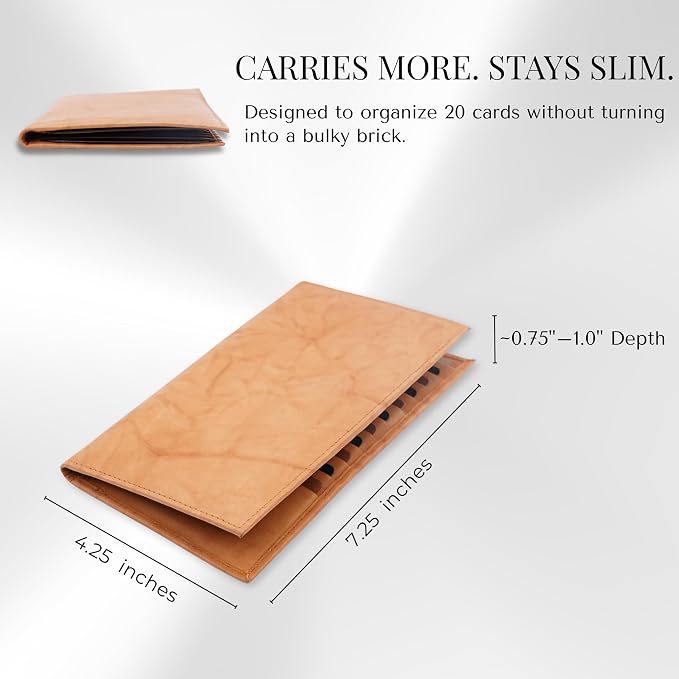 20 Card Wallet for Men, Long RFID Leather Credit Card Holder, Tan | 2 Bill Compartments | ID Window | Open Bifold | Organized Carry | Jacket Friendly