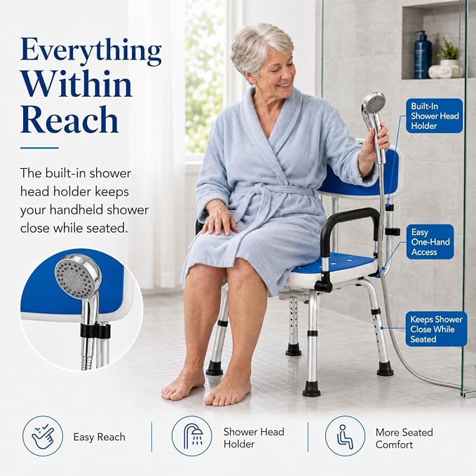 Deluxe Swivel Shower Chair with Arms & Back by CZMY, 360° Locking Seat, 5-Level Height Adjustable, Padded Heavy-Duty Bath Chair, 300 lbs, for Seniors, Elderly, & Disabled (Blue with Flip-Up Arms)