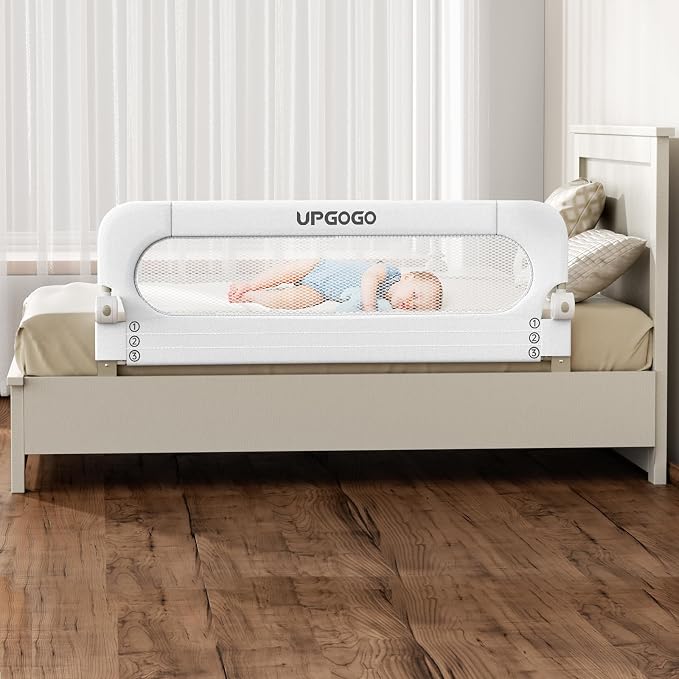 UPGOGO Folding Bed Rail for Toddlers, White, 59" L x 23.6" H | U-shaped base，Reinforced Anchors, Built-in Sponge , Secure lock